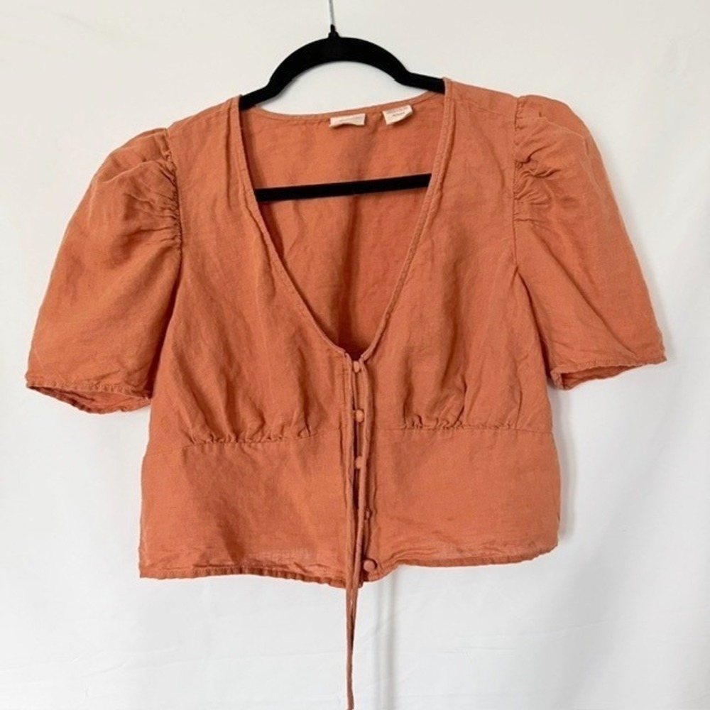 Levi's Puff Sleeve Linen V-Neck Womens XS Terracotta Orange Linen Blouse Boho